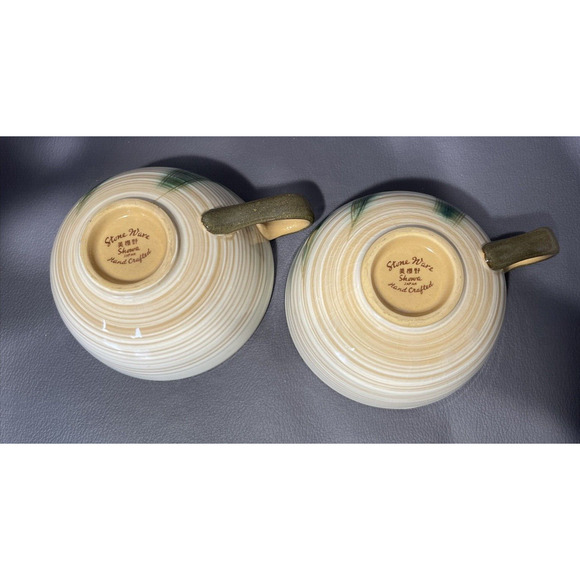 Showa Stone Ware Bamboo Pattern Tea Coffee Cups (2) W/ Saucers (2) Hand Crafted - Picture 7 of 14